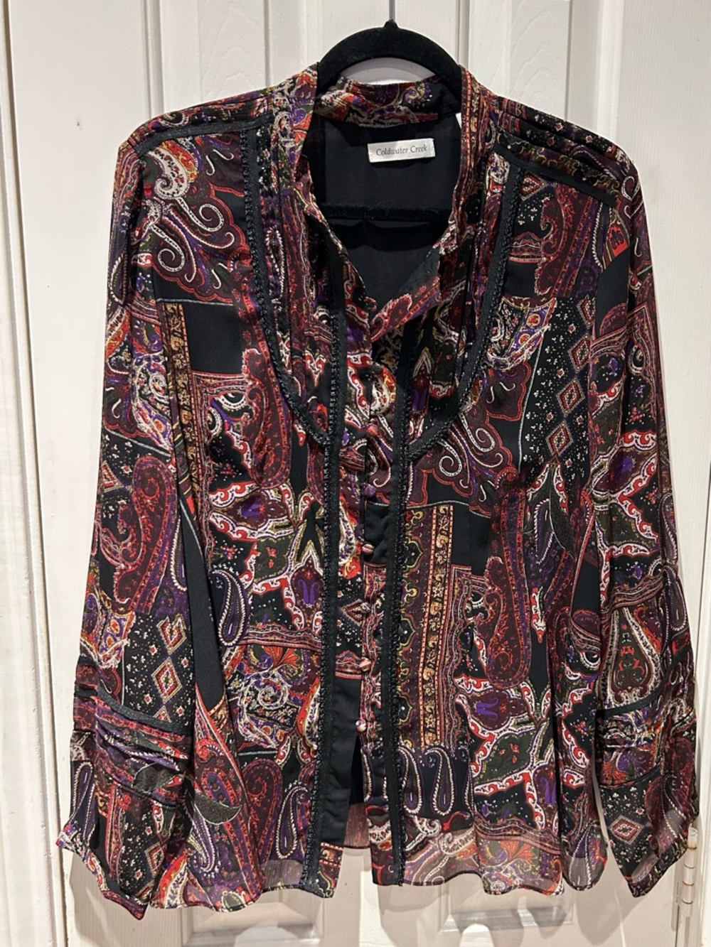 Coldwater Creek Black and Burgundy Paisley Button-Front Blouse